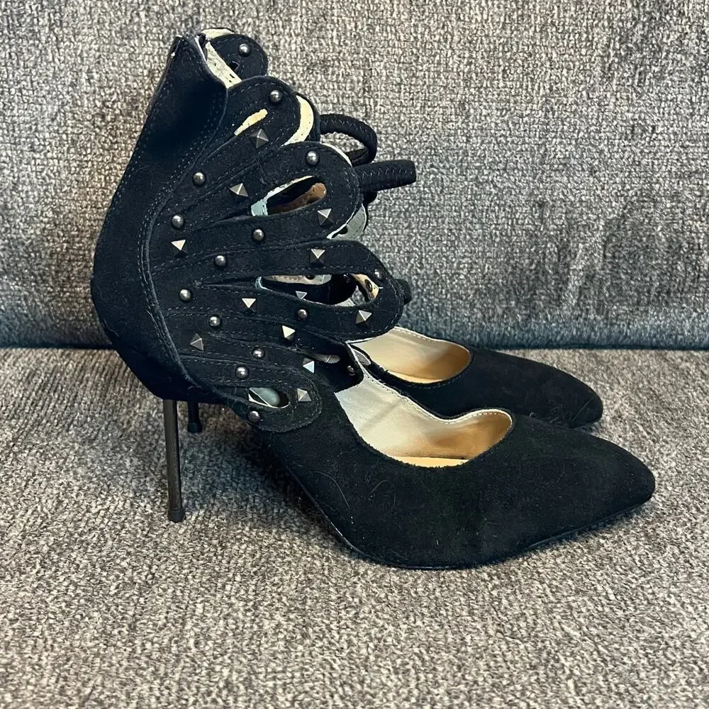 Stiletto Heels Womens 9 Black Suede Shoes Standing In The Wings Studded Sexy